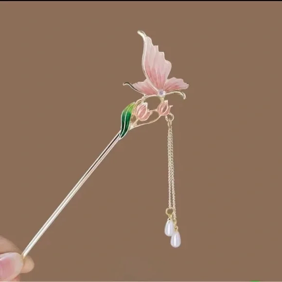 Elegant Pink Butterfly Hair Stick - Picture 1 of 3
